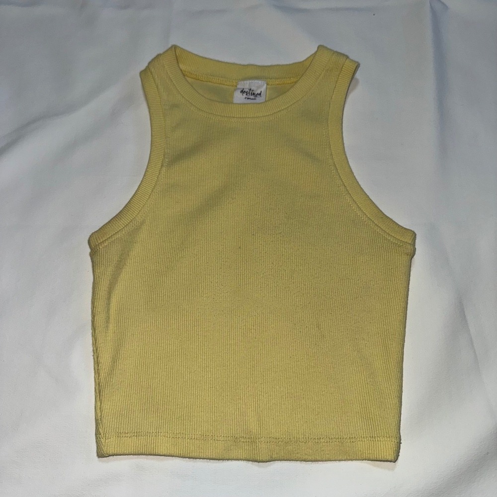 Destined Womens XS Yellow Ribbed High Neck Racerback‎ Crop Tank Top